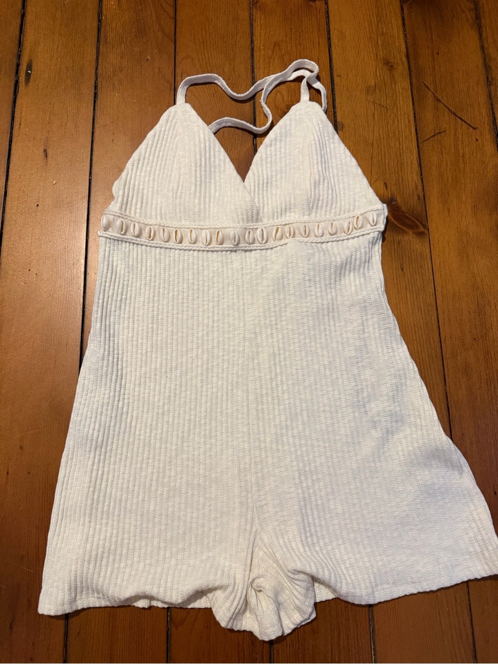 White Knit Romper with Shell Trim